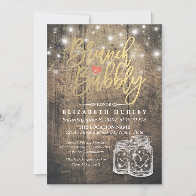 Convite Rustic Wood Mason Jar String Light Brunch & Bubble (Frente)