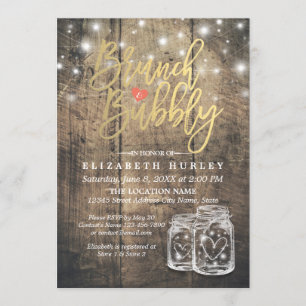 Convite Rustic Wood Mason Jar String Light Brunch & Bubble