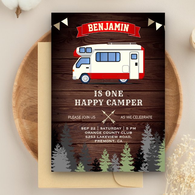 Convite Rustic Wood One Happy Camper 1st Birthday Party (Criador carregado)