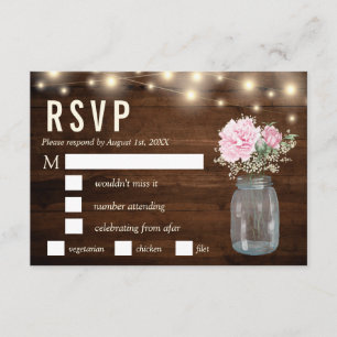 Convite Rustic Wood Peony Floral Mason RSVP Meal