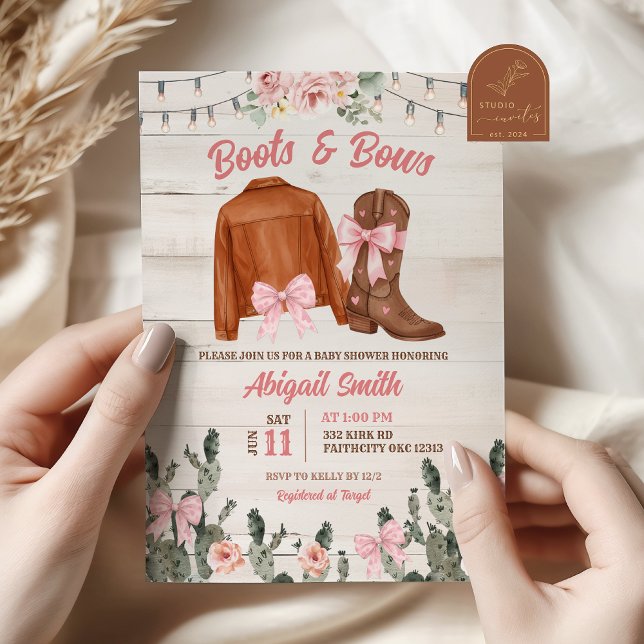 Convite Rustic Wood Pink Boots and Bows Baby Shower (Criador carregado)