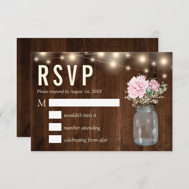 Convite Rustic Wood Pink Peony Floral Mason | Placa RSVP (Frente/Verso)