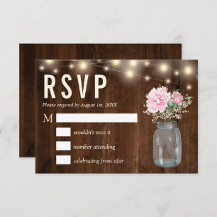 Convite Rustic Wood Pink Peony Floral Mason   Placa RSVP