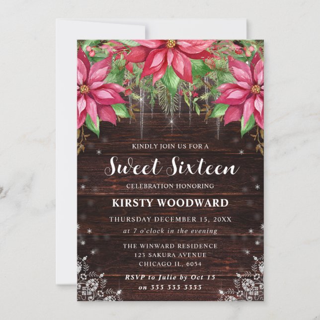 Convite Rustic Wood & Poinsettia Sweet Sixteen (Frente)