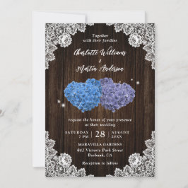 Convite Rustic Wood Purple and Blue Floral Hearts Wedding