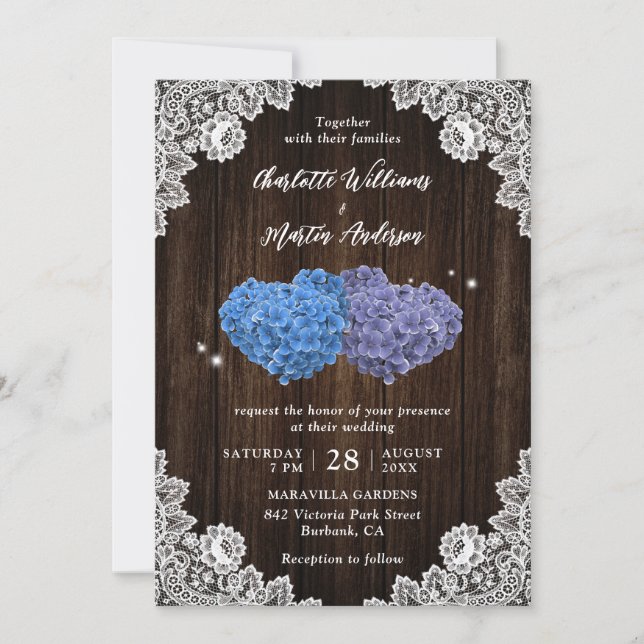 Convite Rustic Wood Purple and Blue Floral Hearts Wedding (Frente)