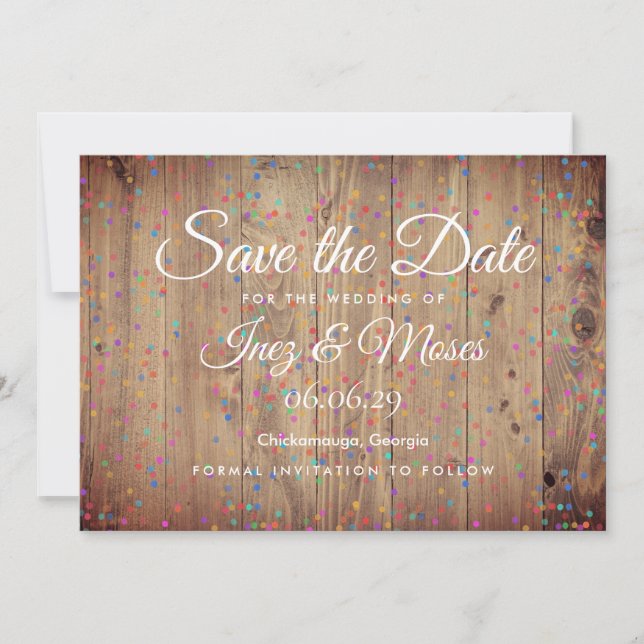 Convite Rustic Wood Rainbow Confetti Salvar a Data (Frente)