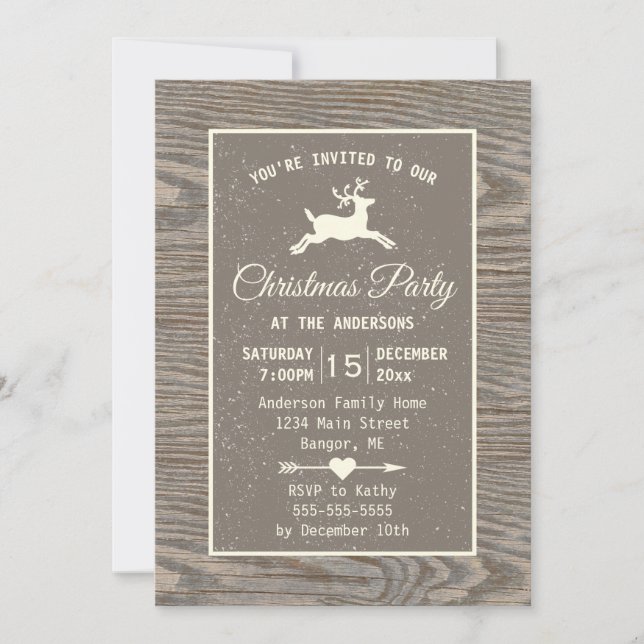 Convite Rustic Wood Reindeer Country Beige Christmas Party (Frente)