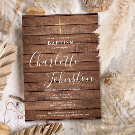 Convite Rustic Wood Signature Script Baptism Christening