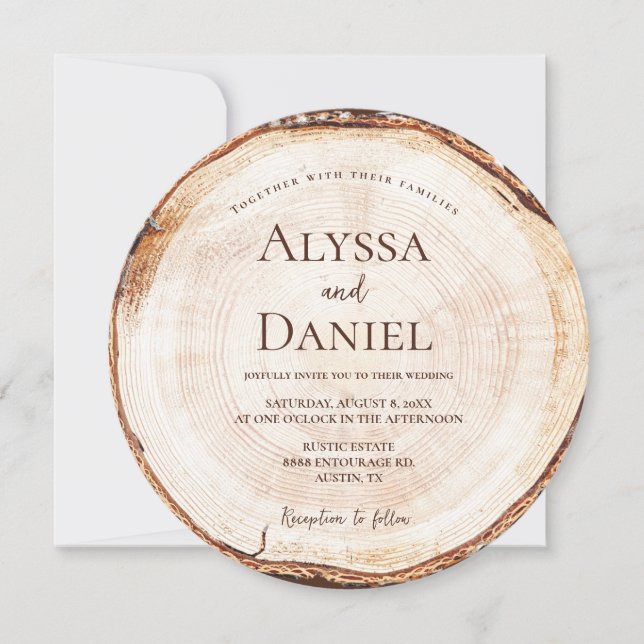 Convite Rustic Wood Slice Editable Wedding (Frente)