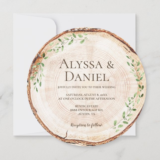 Convite Rustic Wood Slice with Greenery woodland wedding (Frente)