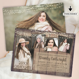 Convite Rustic Wood String Lights 5 Photo Graduation