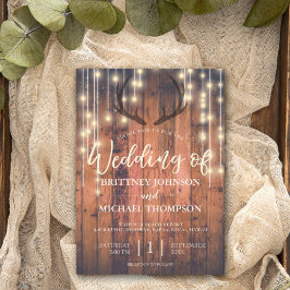 Convite Rustic Wood String Lights Antler Wedes