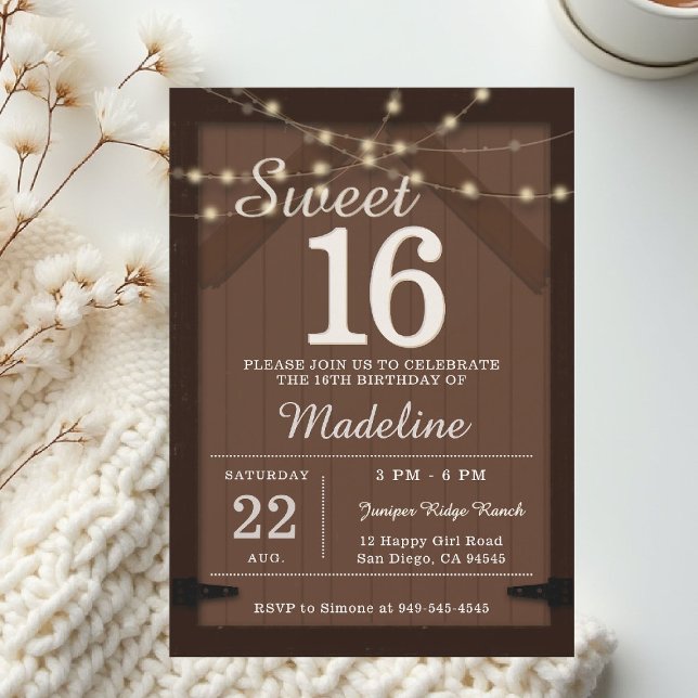 Convite Rustic Wood String Lights Barn Door Chic Sweet 16 (rustic sweet 16 birthday party invitation barn door wood string lights backyard outdoors cowboy west)