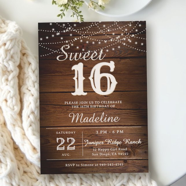 Convite Rustic Wood String Lights Barn Elegant Sweet 16 (rustic sweet 16 birthday party invitation barn wood string lights backyard outdoors cowboy type)