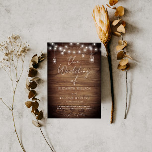 Convite Rustic Wood String Lights Casamento Código QR RSVP