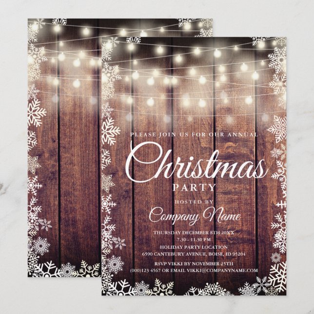 Convite Rustic Wood String Lights Corporate Holiday Party (Frente/Verso)