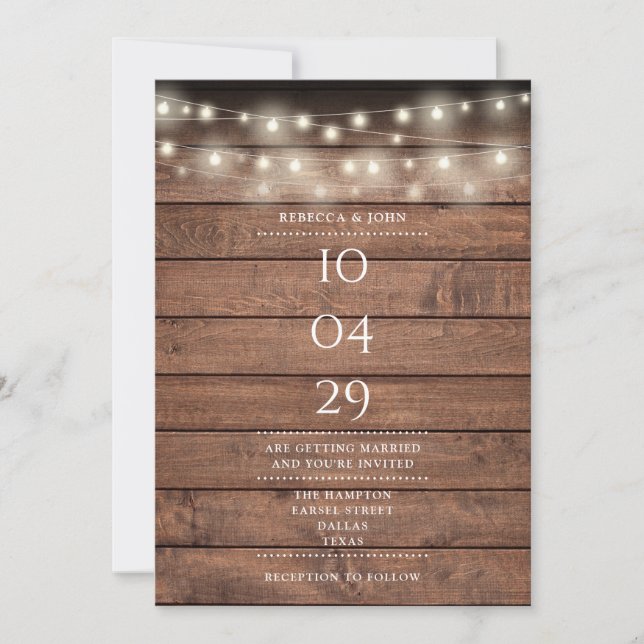 Convite Rustic Wood String Lights Date De Casamento (Frente)