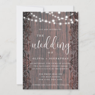 Convite Rustic Wood String Lights Lace Weditation