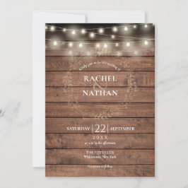 Convite Rustic Wood String Lights Laurel Garland Casamento