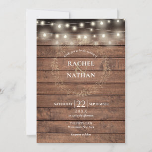 Convite Rustic Wood String Lights Laurel Garland Casamento