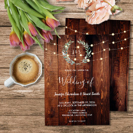 Convite Rustic wood string lights monogram country Wedding