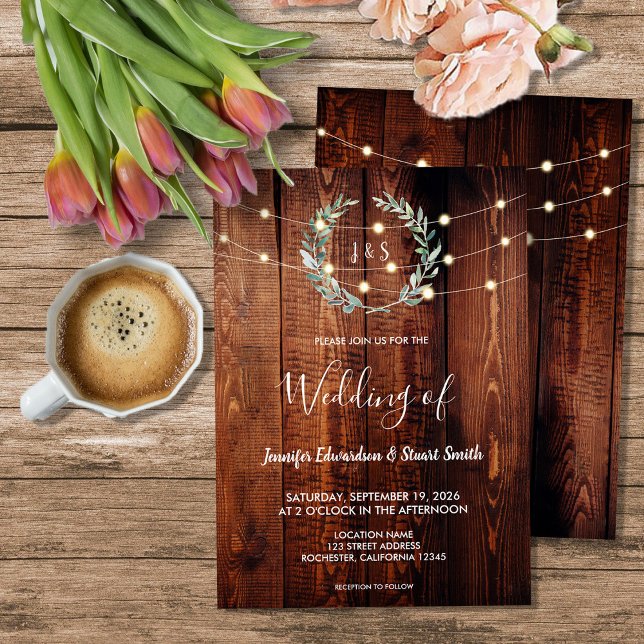 Convite Rustic wood string lights monogram country Wedding (Rustic wood string lights monogram country Wedding Invitation. For your rustic country wedding.)