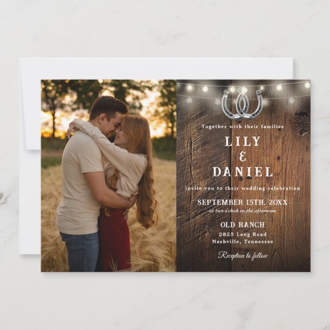 Convite Rustic Wood String Lights Photo QR Code Wedding (Frente)