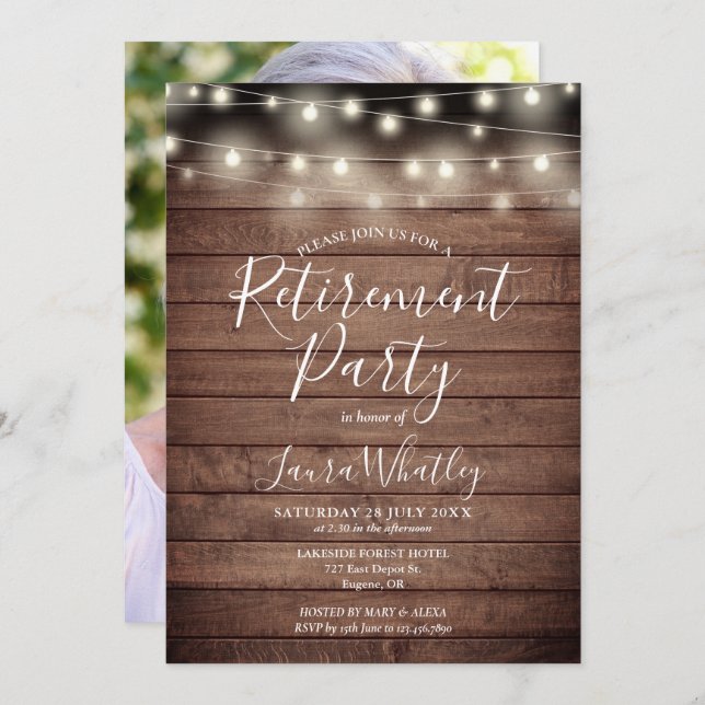 Convite Rustic Wood String Lights Photo Retirement Party (Frente/Verso)