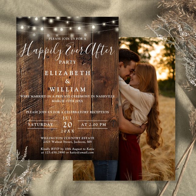Convite Rustic Wood String Lights Photo Wedding Reception (Rustic Wood String Lights Photo Wedding Reception Invitation)
