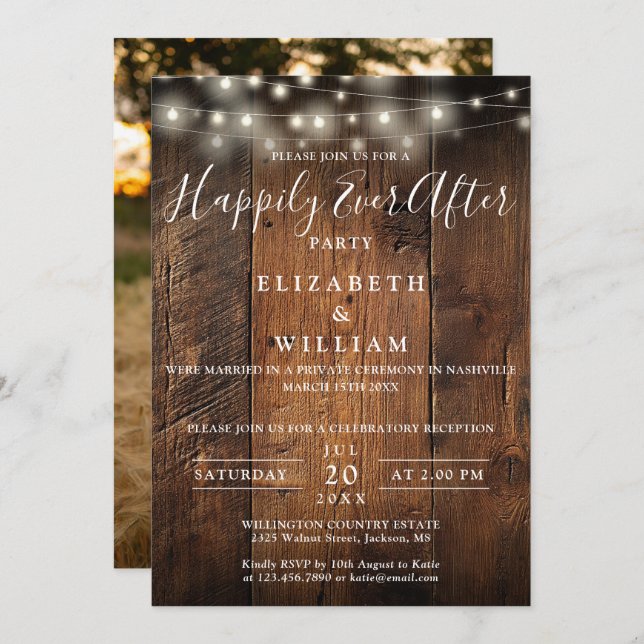 Convite Rustic Wood String Lights Photo Wedding Reception (Frente/Verso)