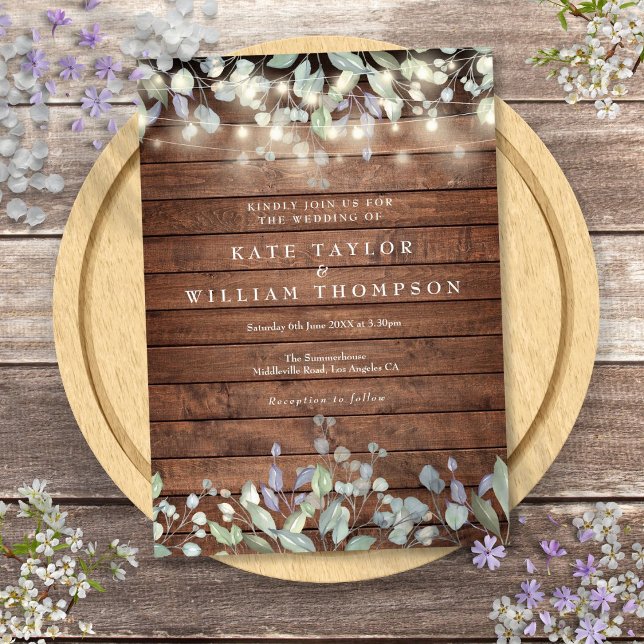 Convite Rustic Wood String Lights Sage Casamento Lilac (Rustic Wood String Lights Sage Lilac Wedding Invitation)