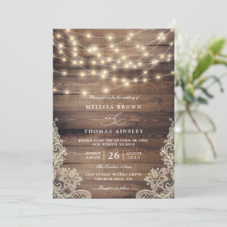 Convite Rustic Wood String Lights Vintage QR Code Wedding