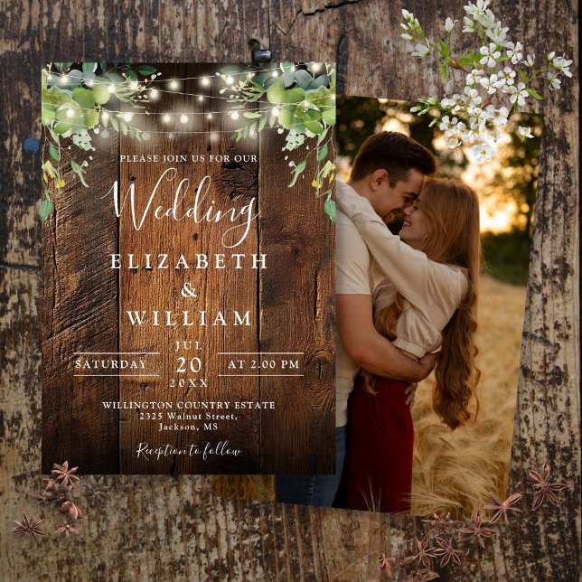 Convite Rustic Wood String Luz Greenery Foto Casamento (Rustic Wood String Lights Greenery Photo Wedding Invitation)