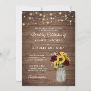Convite Rustic Wood Sunflower Burgundy Mason Jar Wedding