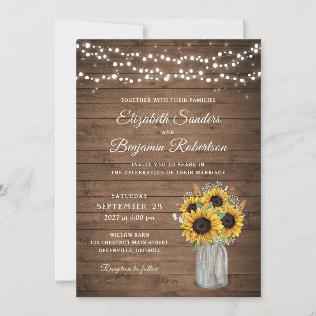 Convite Rustic Wood Sunflower Mason Jar Wedding (Frente)