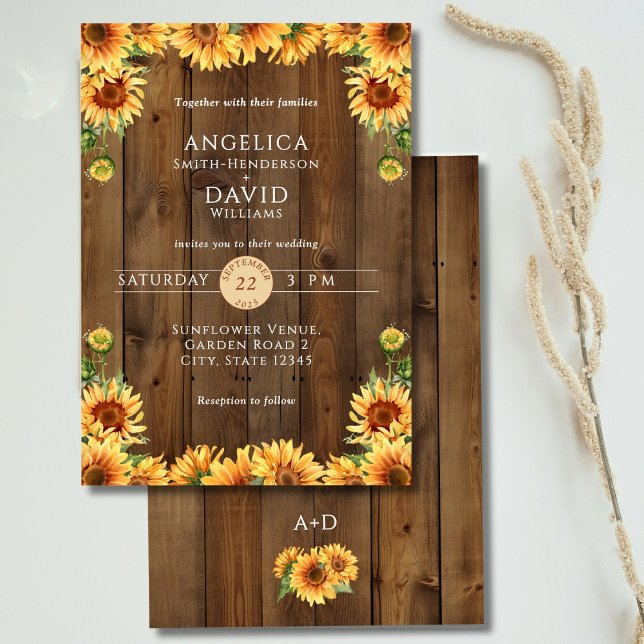 Convite Rustic Wood Sunflower Wedding Invitation (Criador carregado)