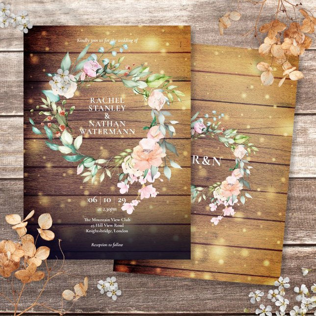 Convite Rustic Wood Watercolor Greenery Floral Casamento (Rustic Wood Watercolor Greenery Floral Wedding Invitation)