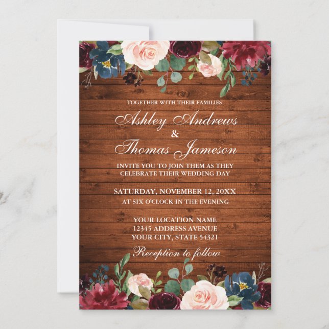 Convite Rustic Wood Wedding Floral Burgundy Blue Invite (Frente)