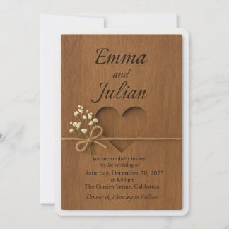 Convite Rustic Wood Wedding Invitation with Heart Cutout &