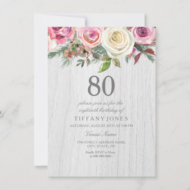 Convite Rustic Wood White Rose Floral 80 Birthday Invite (Frente)