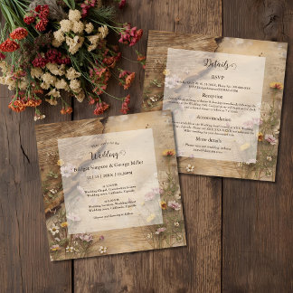 Convite Rustic Wooden Bohemian Floral Wedding all in one