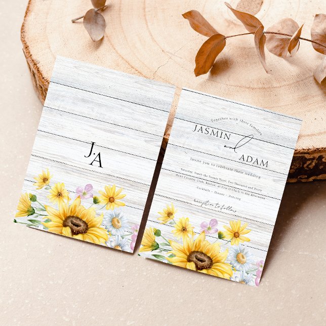 Convite Rustic Wooden Sunflower Monograma Casamento Floral (Rustic Wooden Sunflowers Monogram Floral Wedding Invitation)