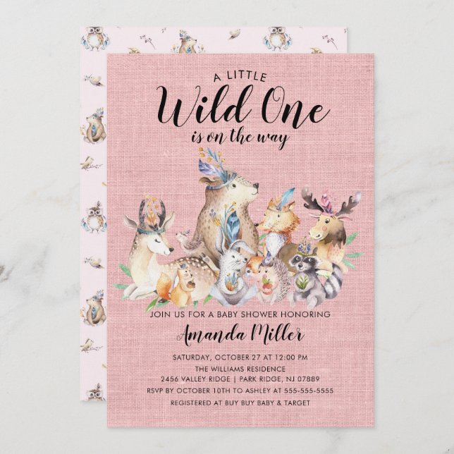 Convite Rustic Woodland Amigos Wild One Girls Chá de frald (Frente/Verso)