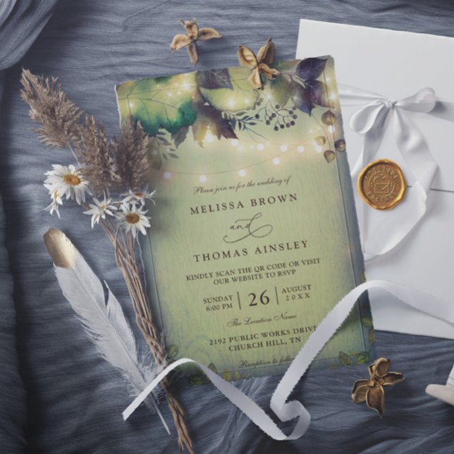 Convite Rustic Woodland Barn String Lights QR Code Wedding (Criador carregado)