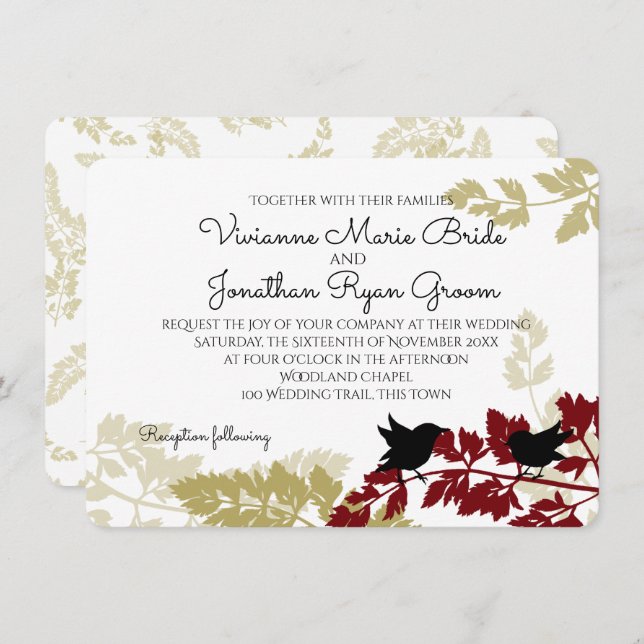 Convite Rustic Woodland Birds Burgundy e Casamento Dourado (Frente/Verso)