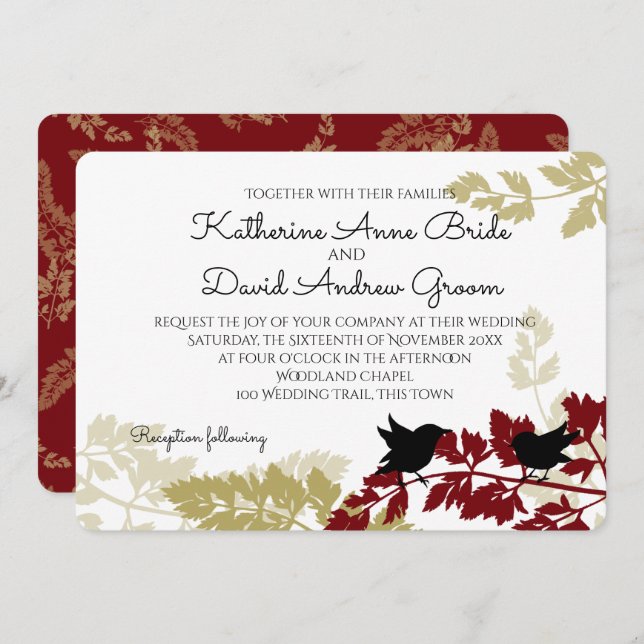 Convite Rustic Woodland Birds Burgundy e Casamento Dourado (Frente/Verso)