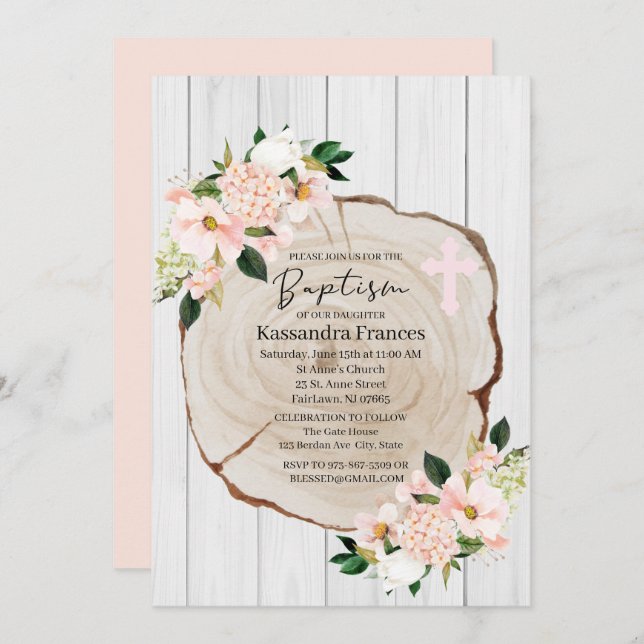 Convite Rustic Woodland Blush Floral Baptism (Frente/Verso)