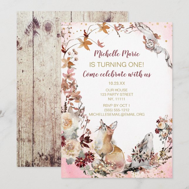 Convite Rustic Woodland Deer Floral Primeiro Aniversário (Frente/Verso)