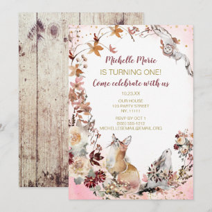 Convite Rustic Woodland Deer Floral Primeiro Aniversário